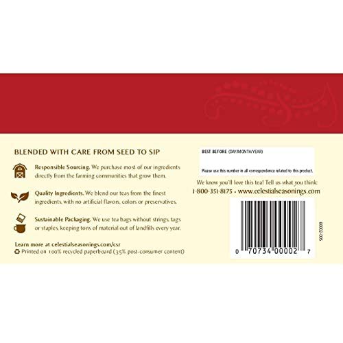 Recycled packaging label on Celestial Seasonings box highlighting sustainable sourcing benefit