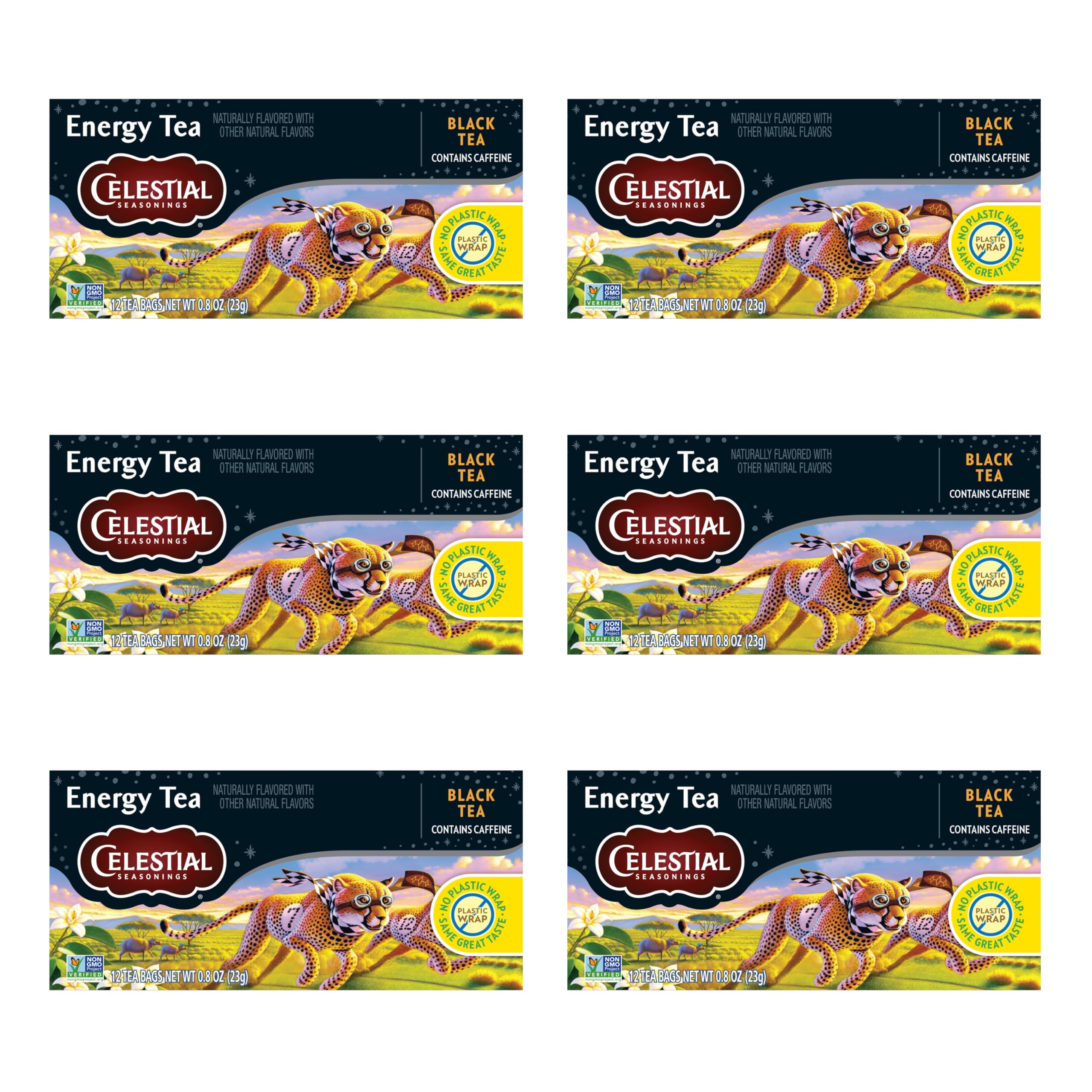 Celestial Seasonings front box showing branding and vanilla black tea benefits