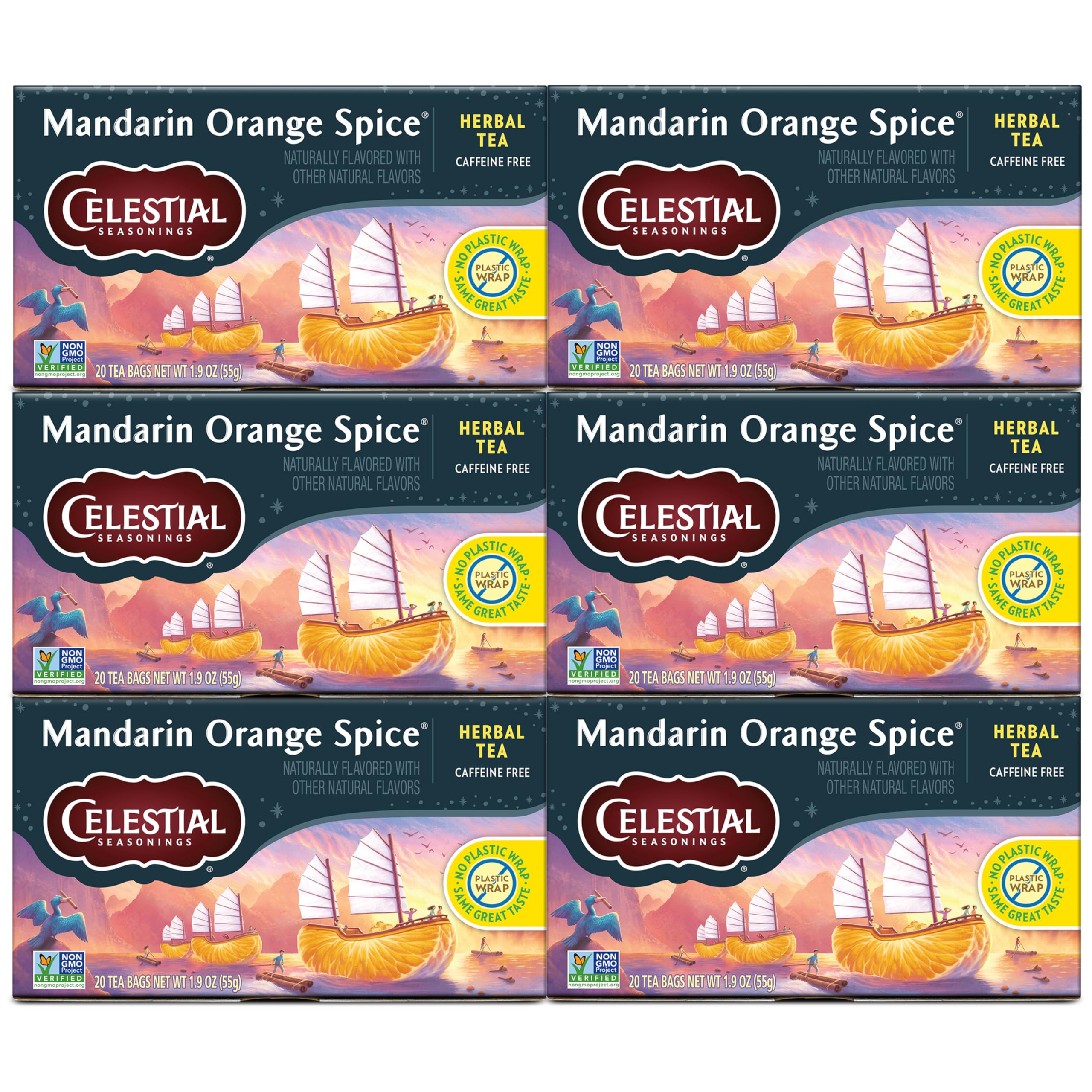 Celestial Seasonings front packaging showing Mandarin Orange Spice and benefits