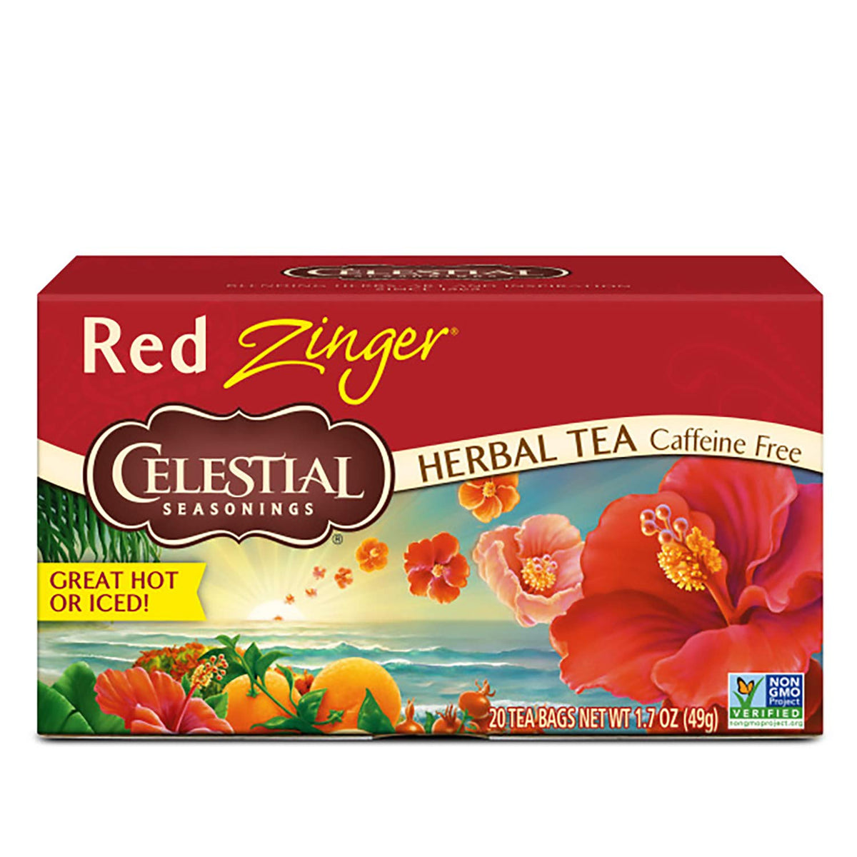 Celestial Seasonings front packaging showing Red Zinger and vibrant red color, highlights bold flavor