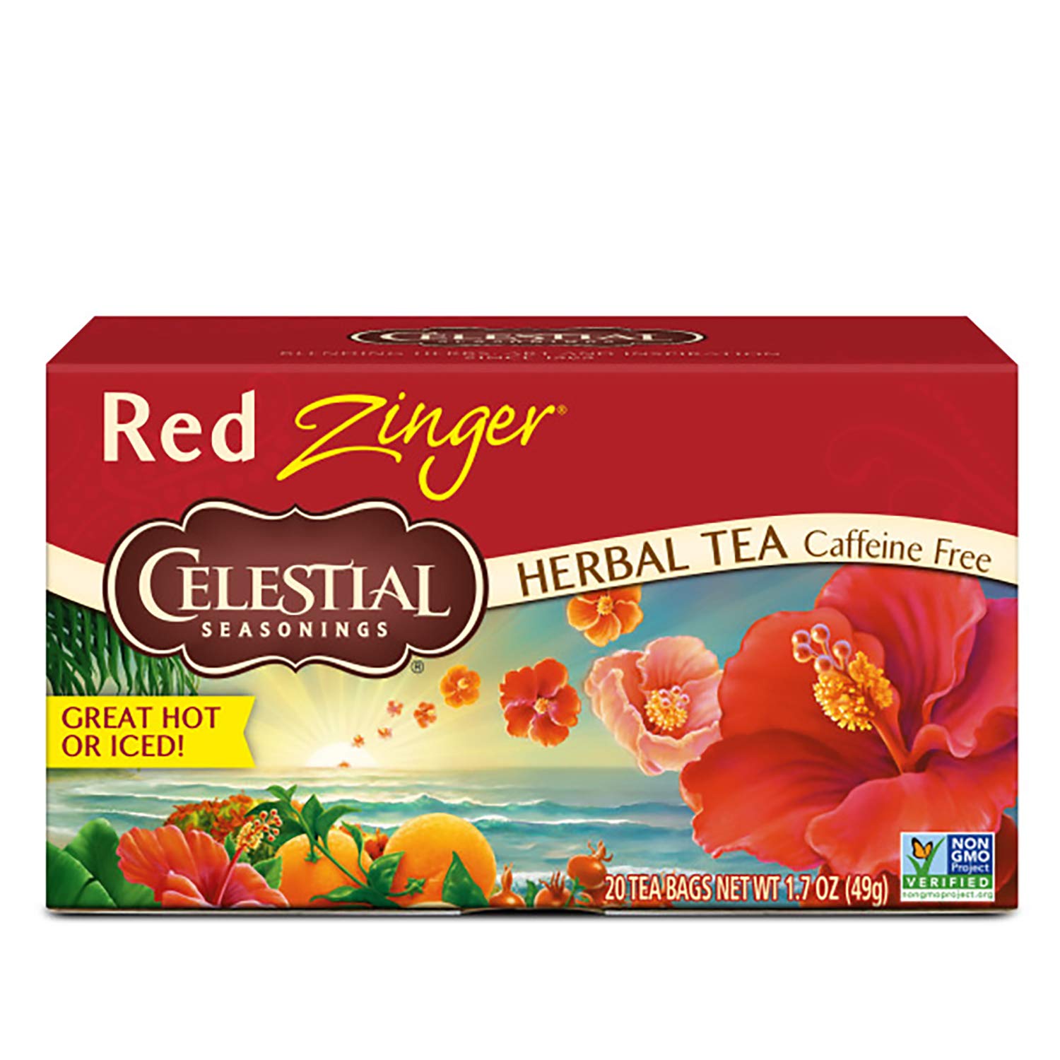 Celestial Seasonings front packaging showing Red Zinger and vibrant red color, highlights bold flavor