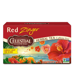 Celestial Seasonings front packaging showing Red Zinger and vibrant red color, highlights bold flavor