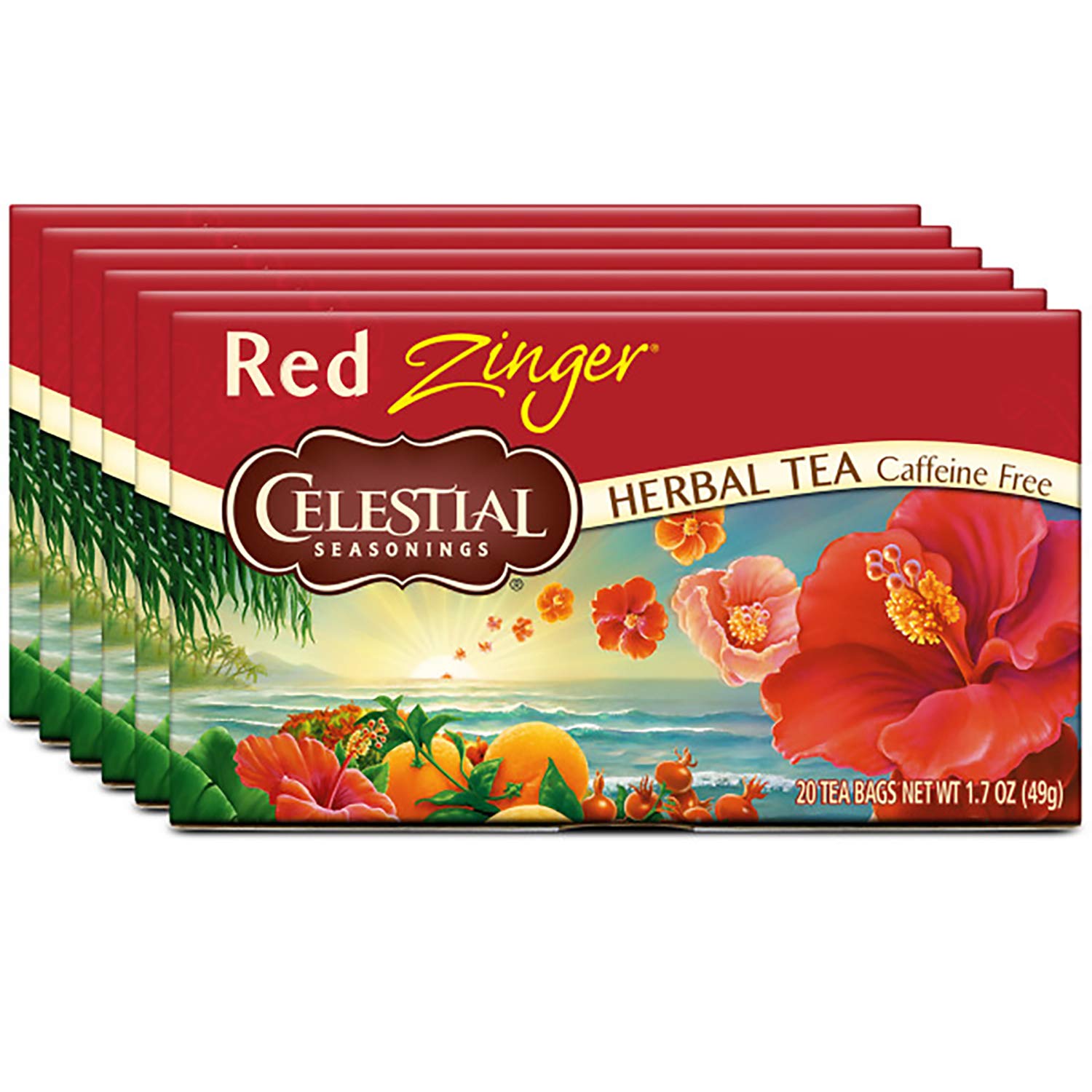 Pitcher of iced Celestial Seasonings Red Zinger with glasses, refreshing beverage ready to serve