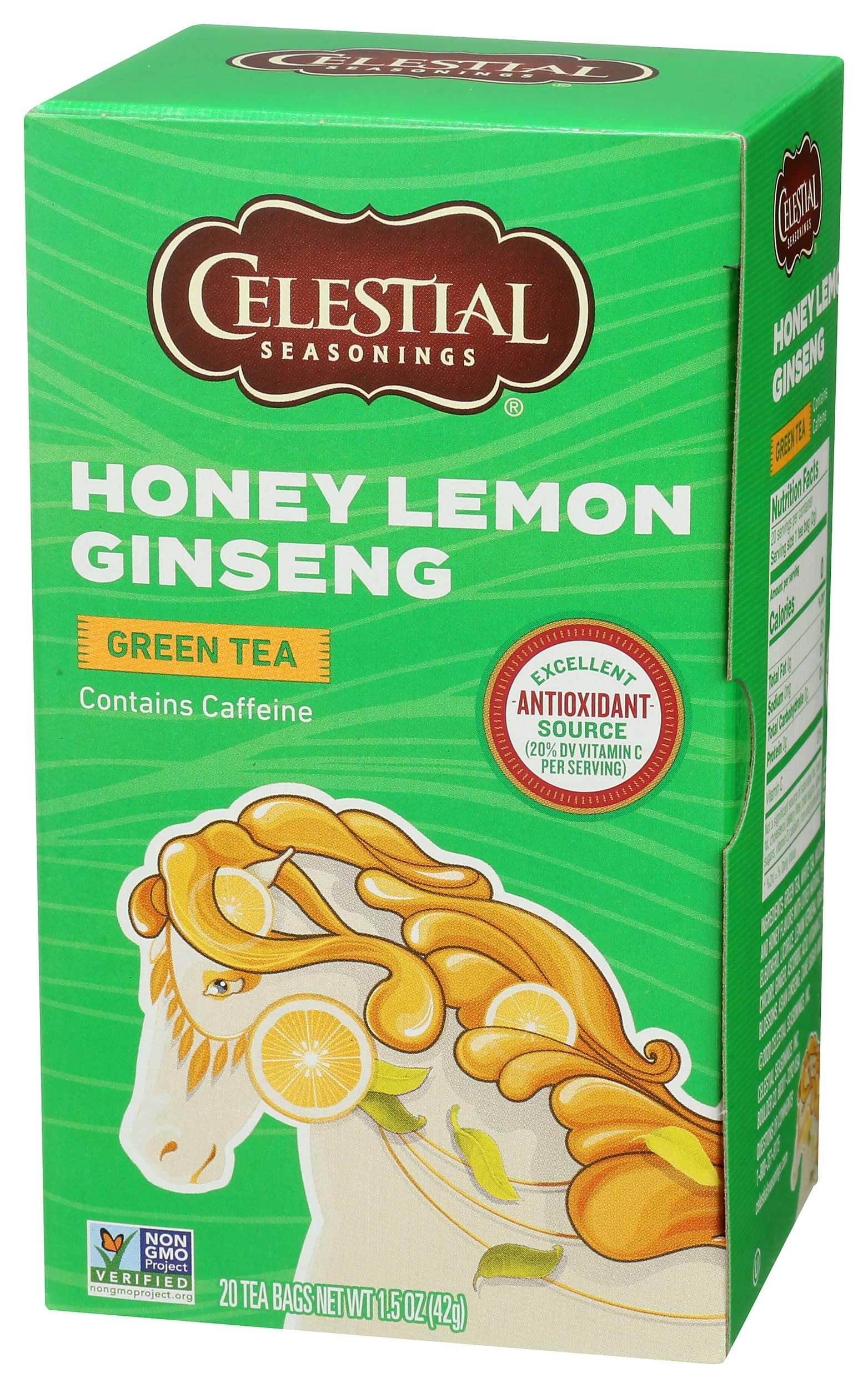 Celestial Seasonings label and ingredients panel showing Non-GMO and gluten-free