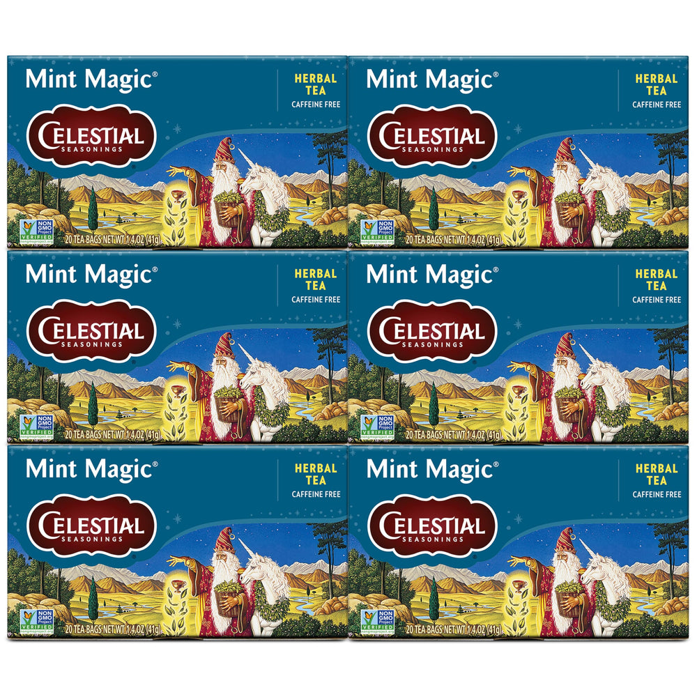 Celestial Seasonings front packaging showing six-box mint tea pack and benefits