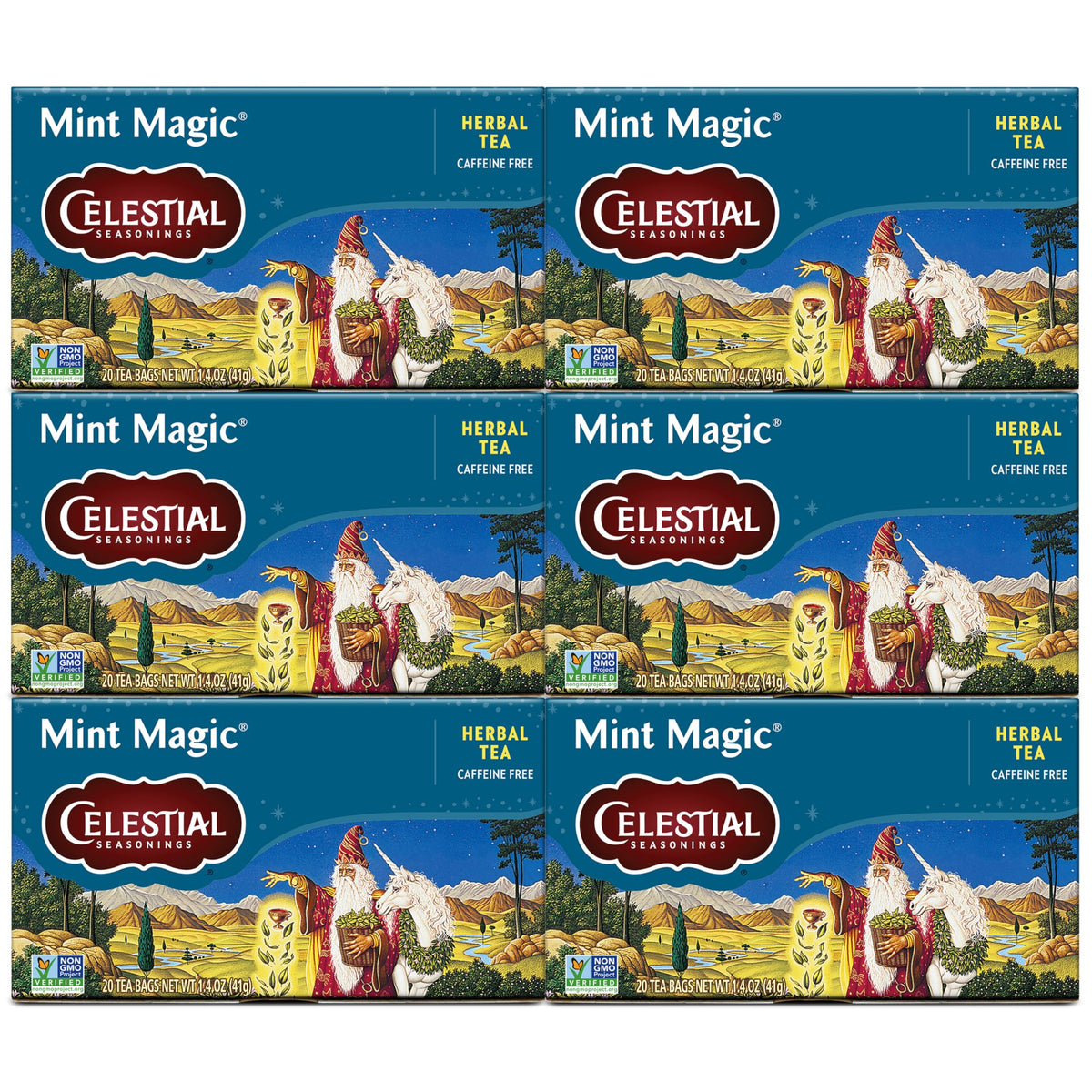 Celestial Seasonings front packaging showing six-box mint tea pack and benefits