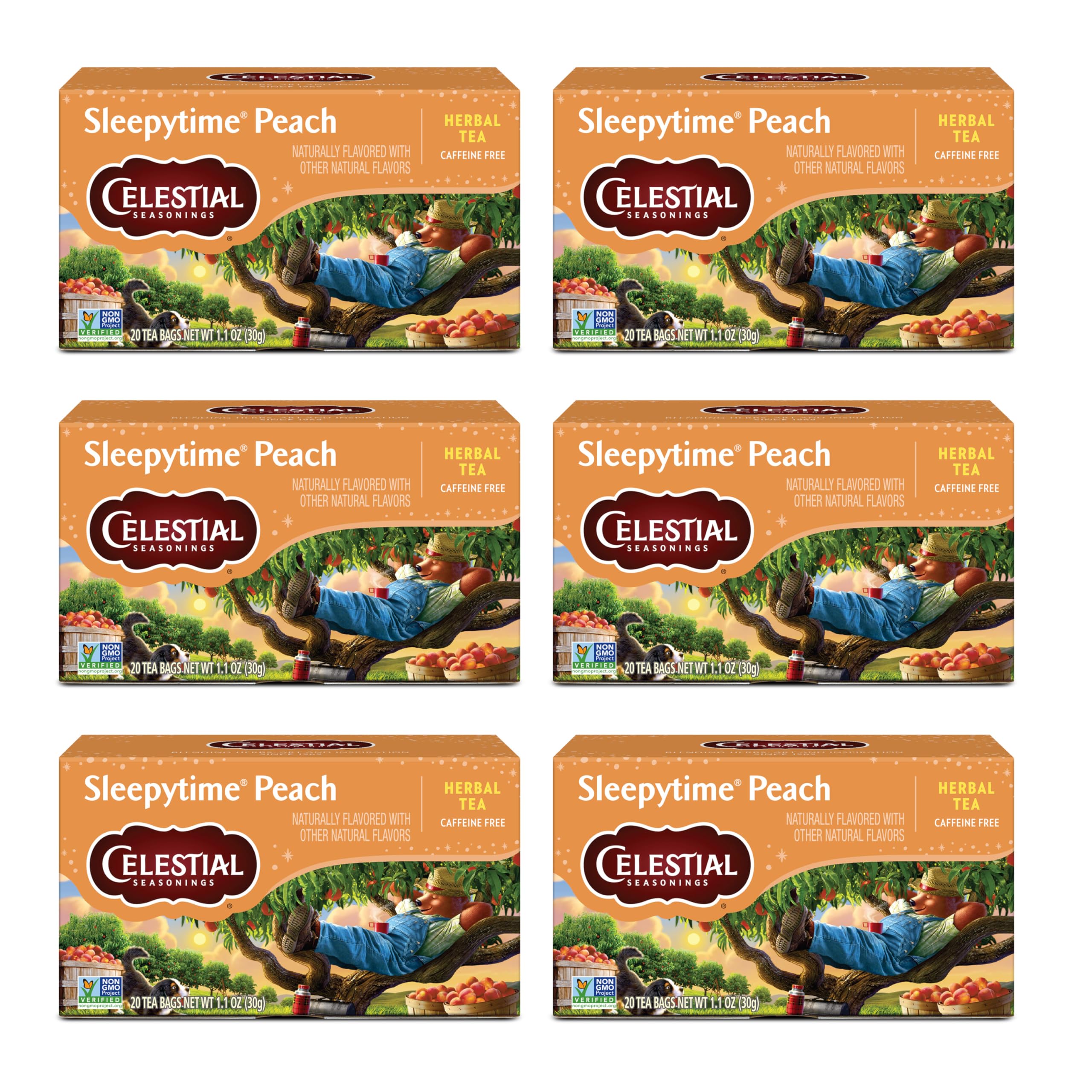 Celestial Seasonings box front showing peach sleep tea, clear night routine benefit