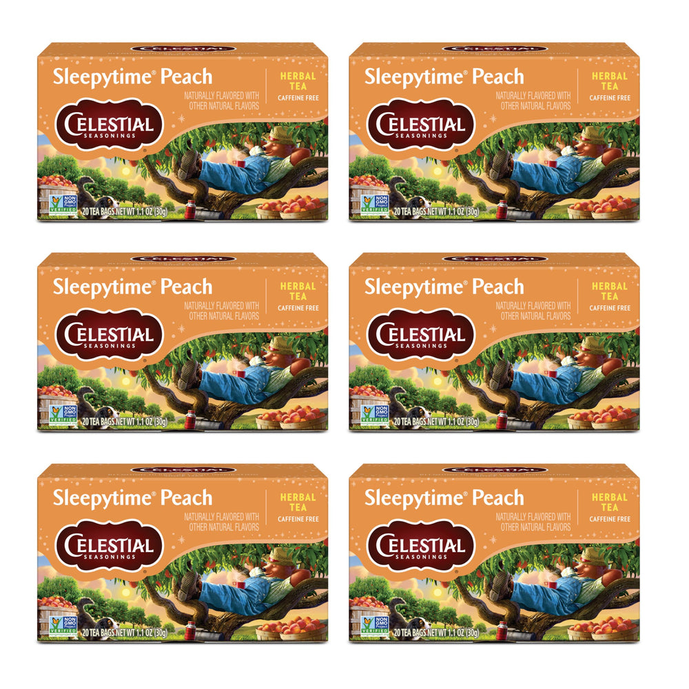 Celestial Seasonings box front showing peach sleep tea, clear night routine benefit
