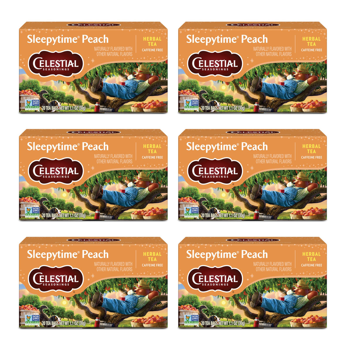 Celestial Seasonings box front showing peach sleep tea, clear night routine benefit