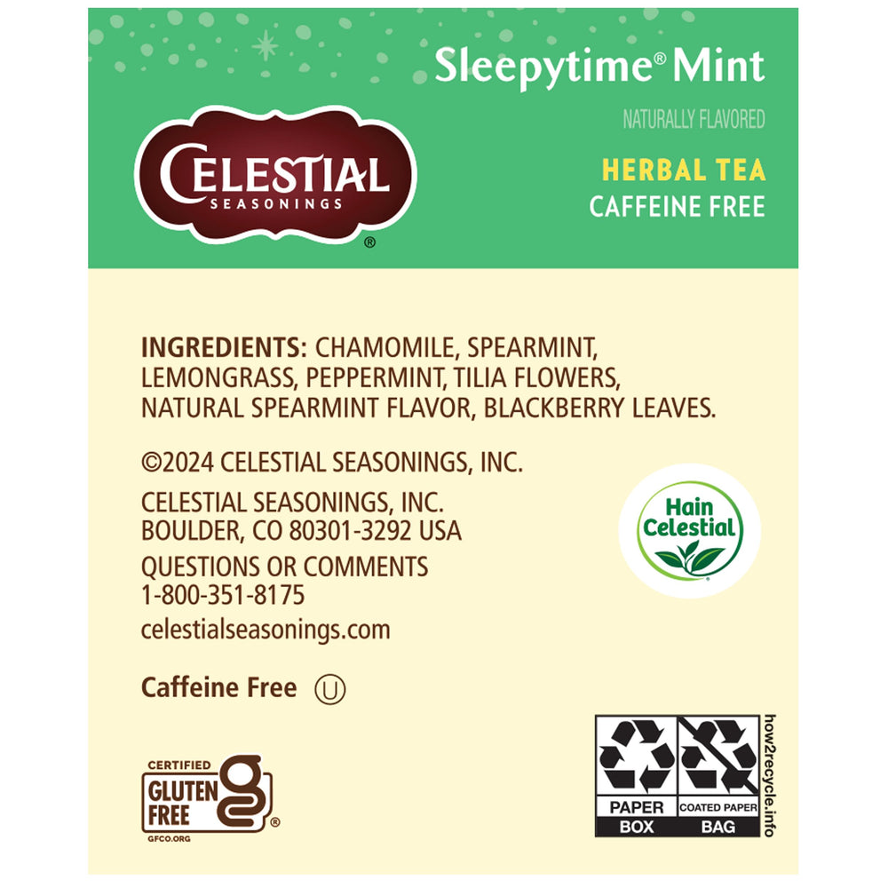 Brewed cup of Celestial Seasonings Sleepytime Mint showcasing calming mint color