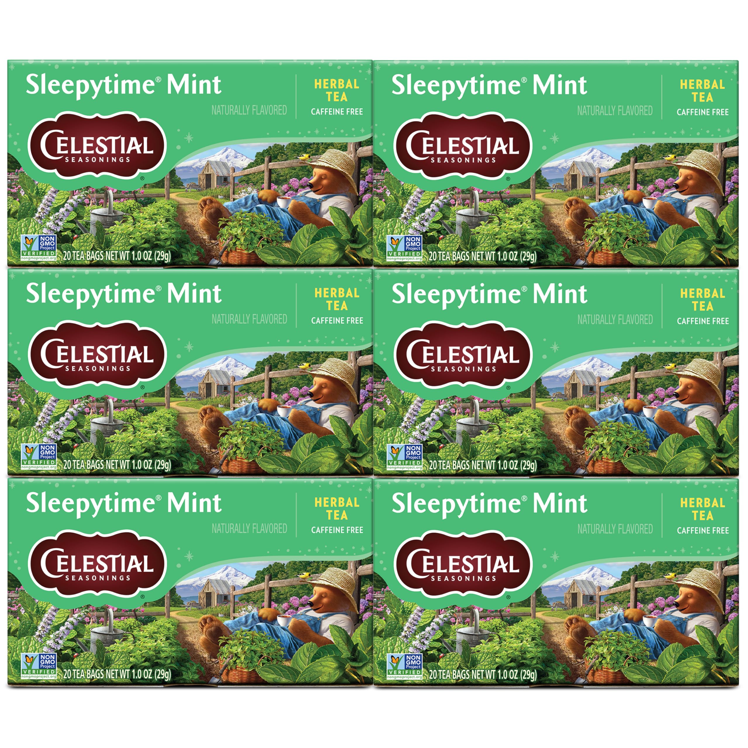 Celestial Seasonings front box showing Sleepytime Mint packaging and benefits