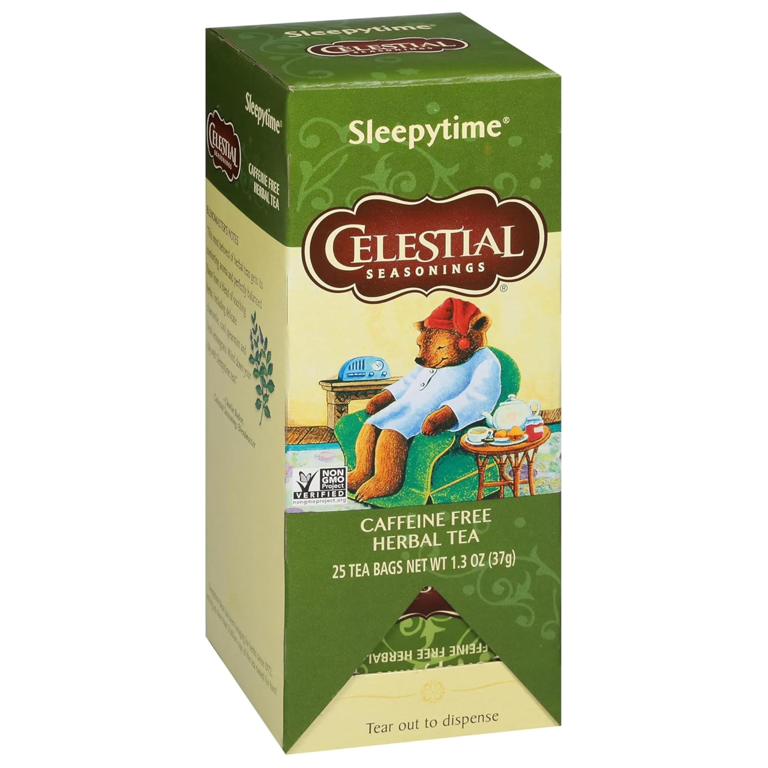 Celestial Seasonings tea bag close-up showing tag and fine mesh for steady infusion benefit