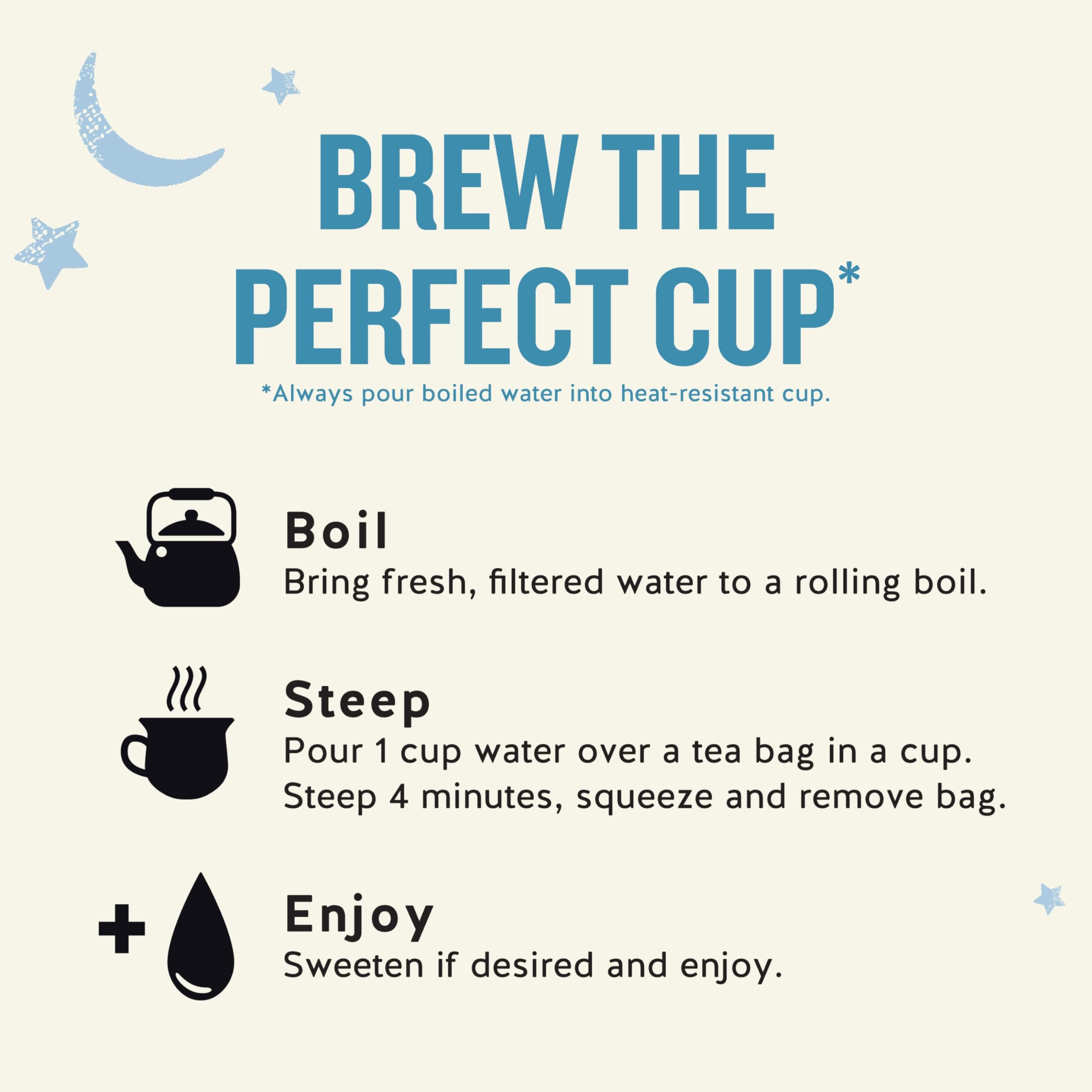 Celestial Seasonings brewed tea in a mug emitting steam to suggest calming evening use