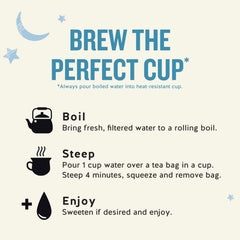 Celestial Seasonings brewed tea in a mug emitting steam to suggest calming evening use