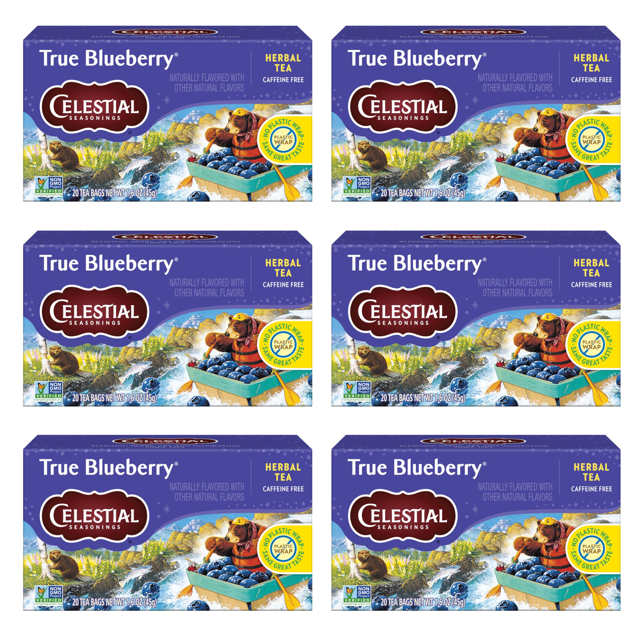 Celestial Seasonings front box view showing pack of six and convenience