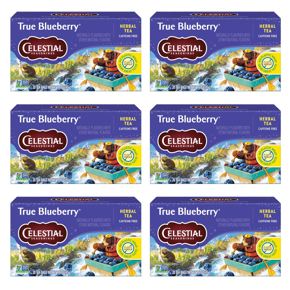 Celestial Seasonings front box view showing pack of six and convenience