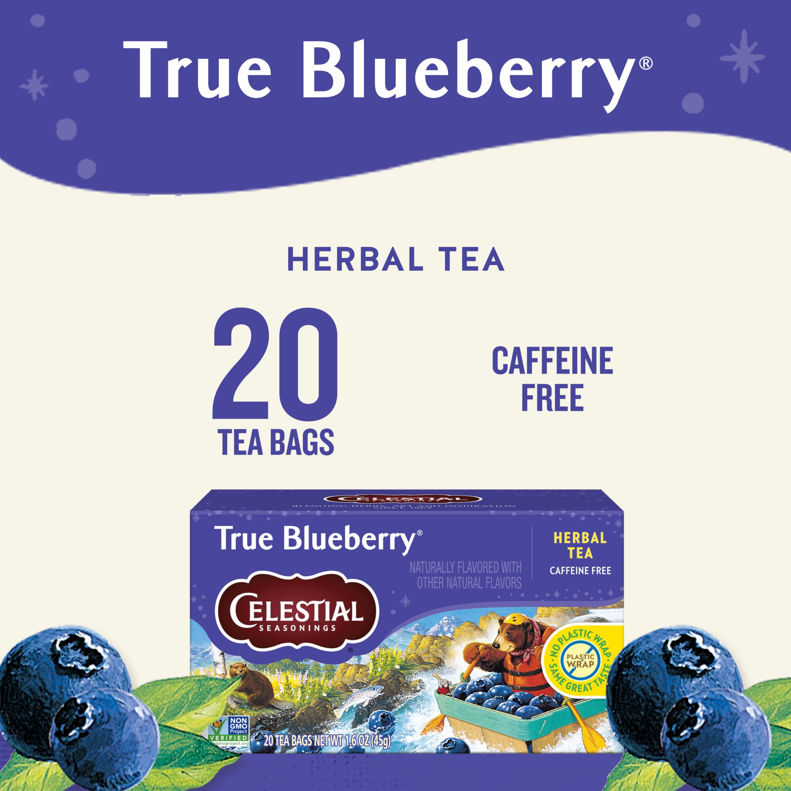 Celestial Seasonings close-up of tea bag texture with clear blueberry aroma