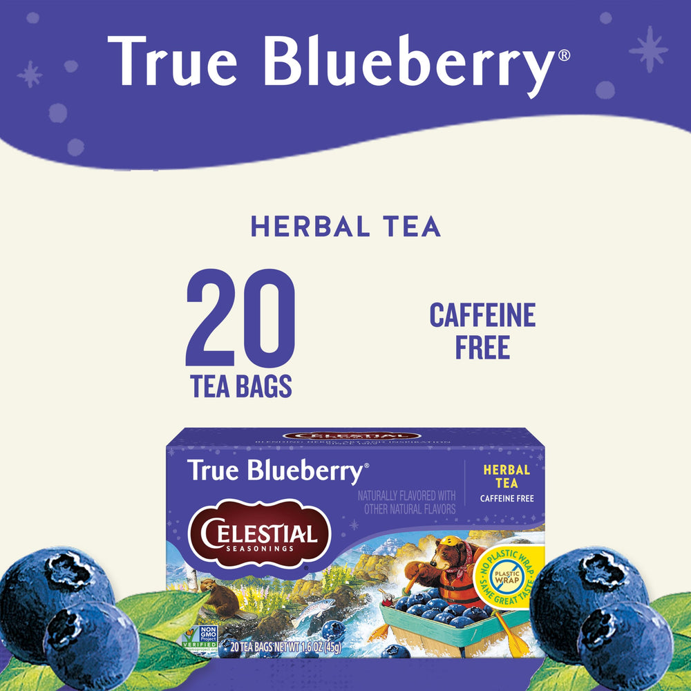 Celestial Seasonings close-up of tea bag texture with clear blueberry aroma