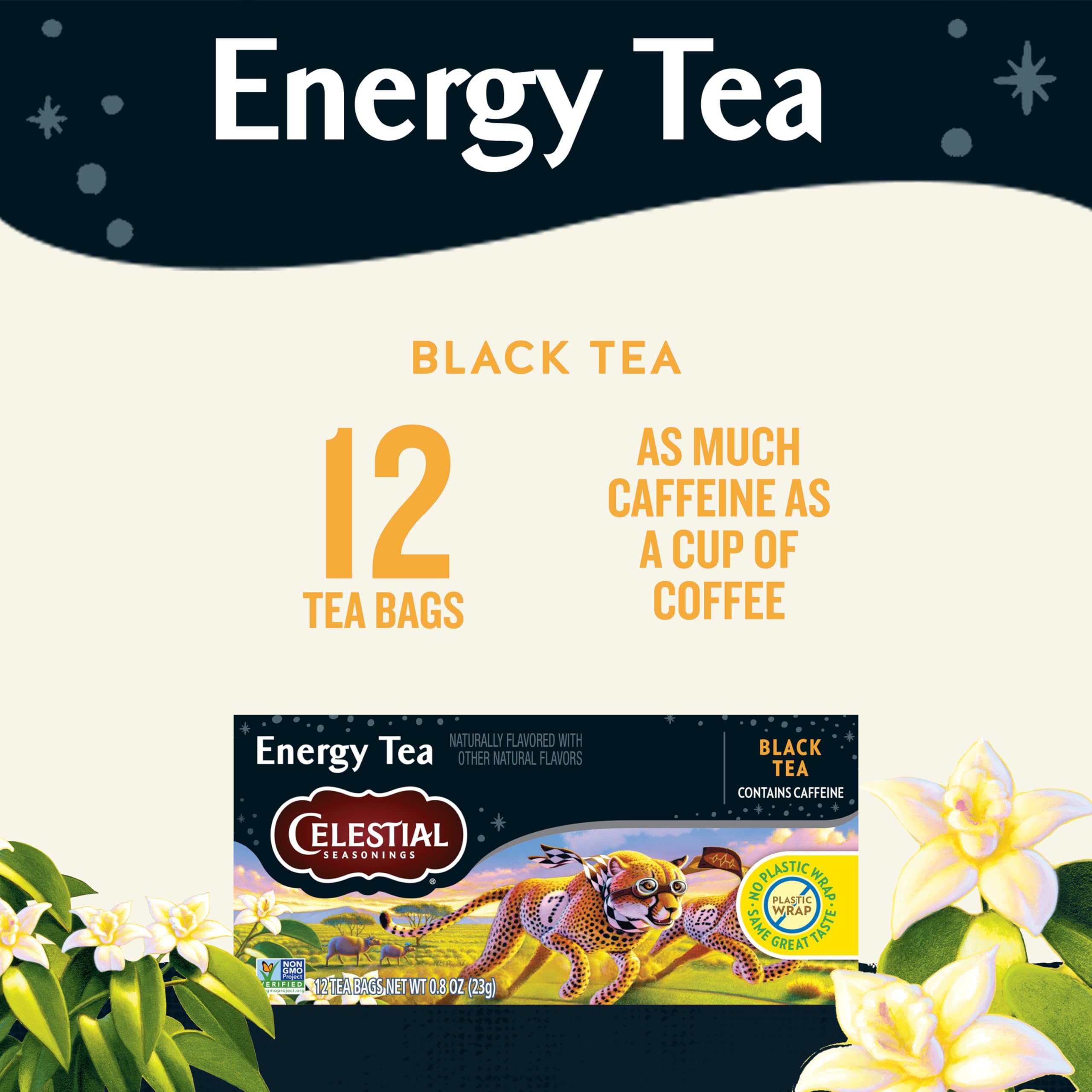 Close-up of Celestial Seasonings tea bag highlighting blend and smooth flavor