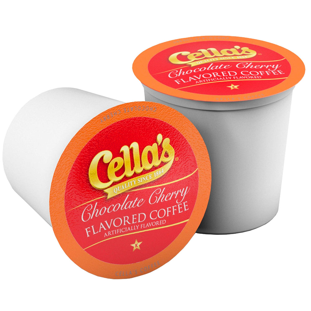 Cella's medium roast grounds with chocolate cherry flecks, highlighting premium Arabica quality