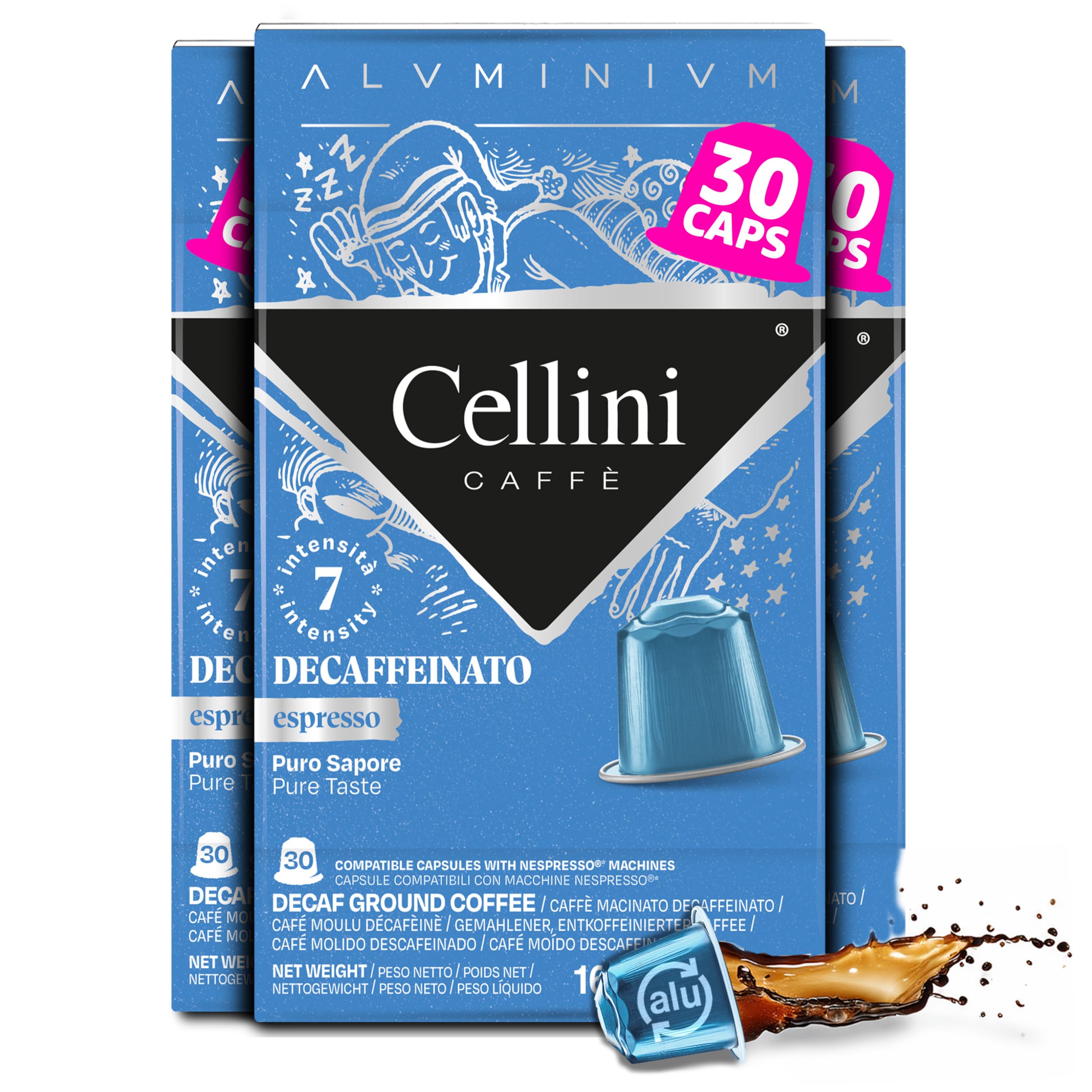 Cellini front packaging showing 30 capsules and medium roast benefit