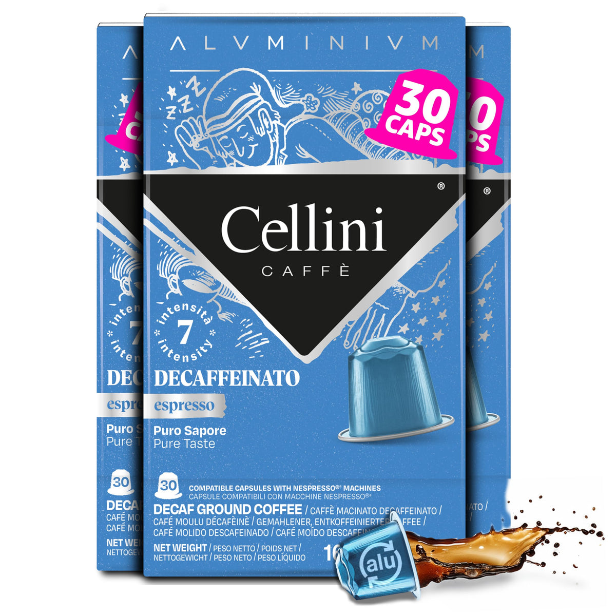 Cellini front packaging showing 30 capsules and medium roast benefit