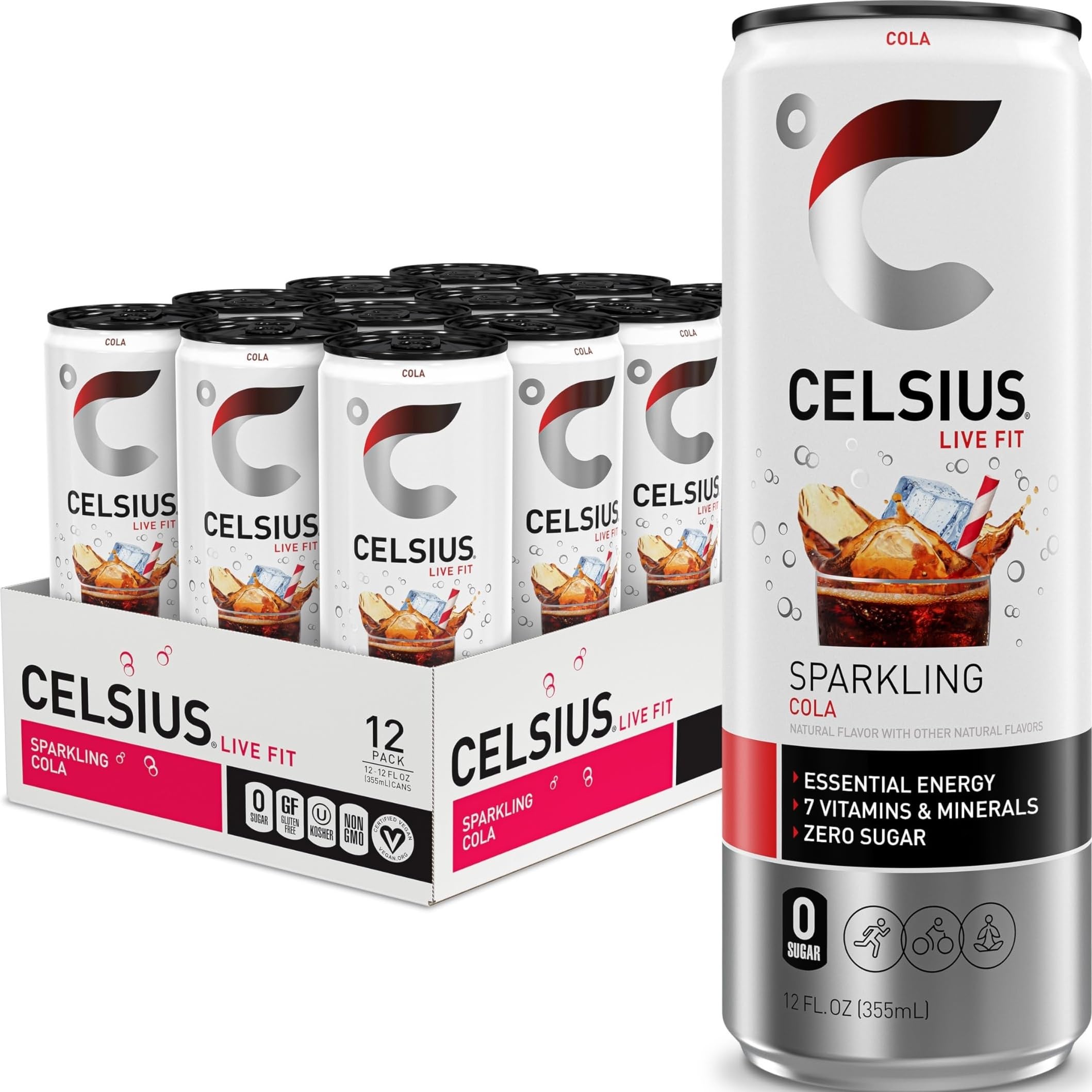 CELSIUS front packaging shows 12-pack and bold cola branding for convenience