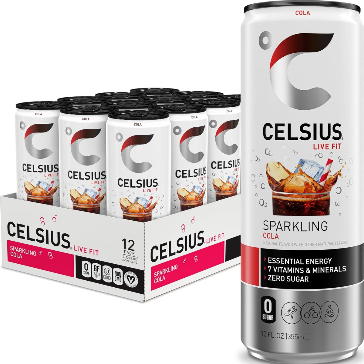 CELSIUS front packaging shows 12-pack and bold cola branding for convenience