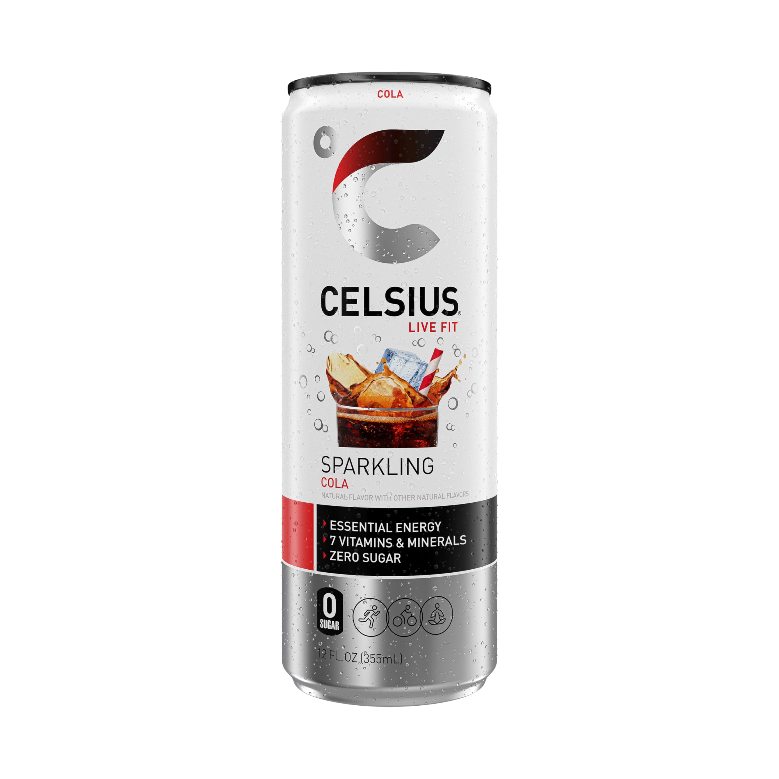 Open CELSIUS can pouring into glass showing cola color and effervescence benefit