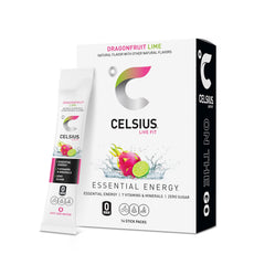 CELSIUS front packaging showing dragonfruit lime and 14 sticks, portable energy