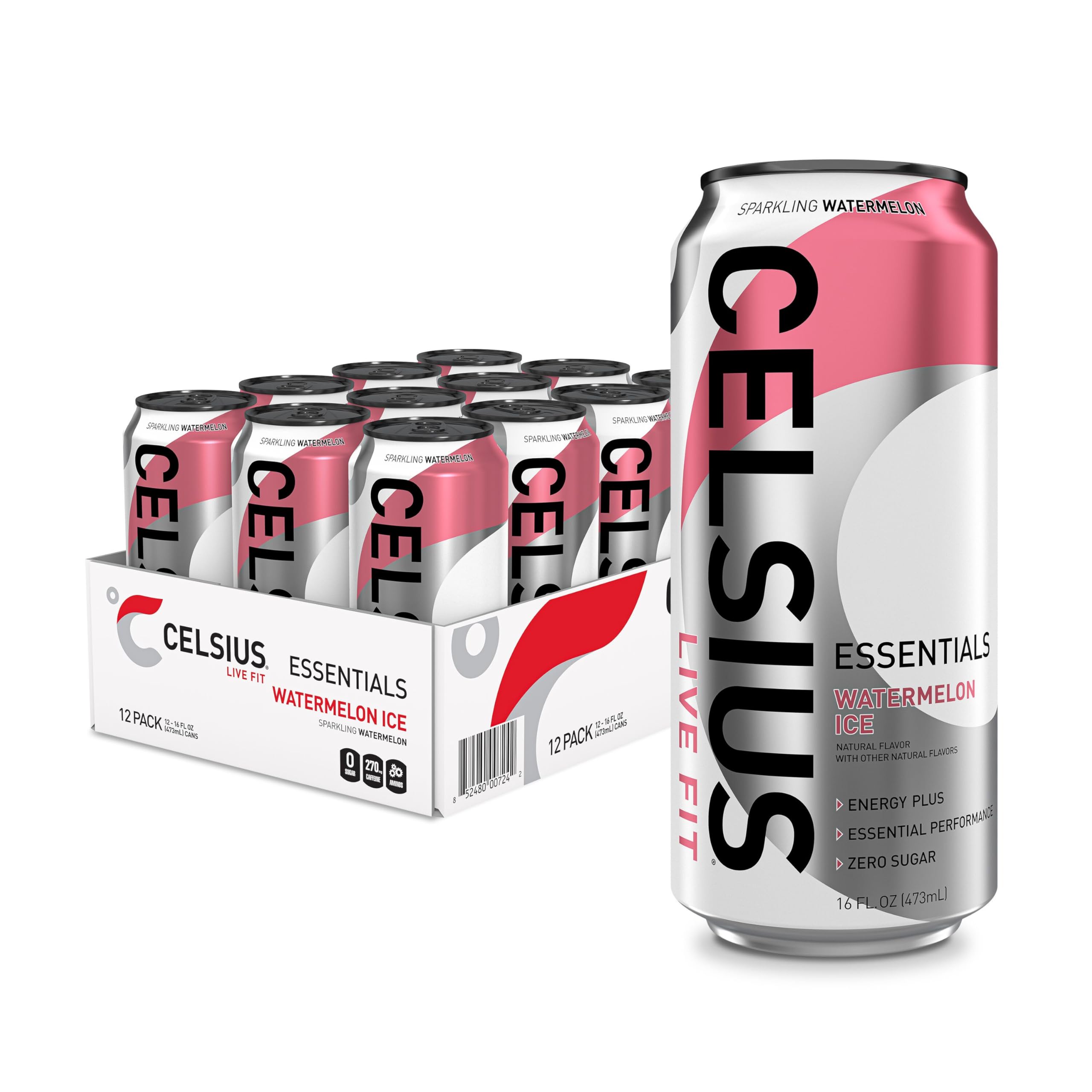 CELSIUS front can showing Sparkling Watermelon Ice and energetic branding benefit refreshment
