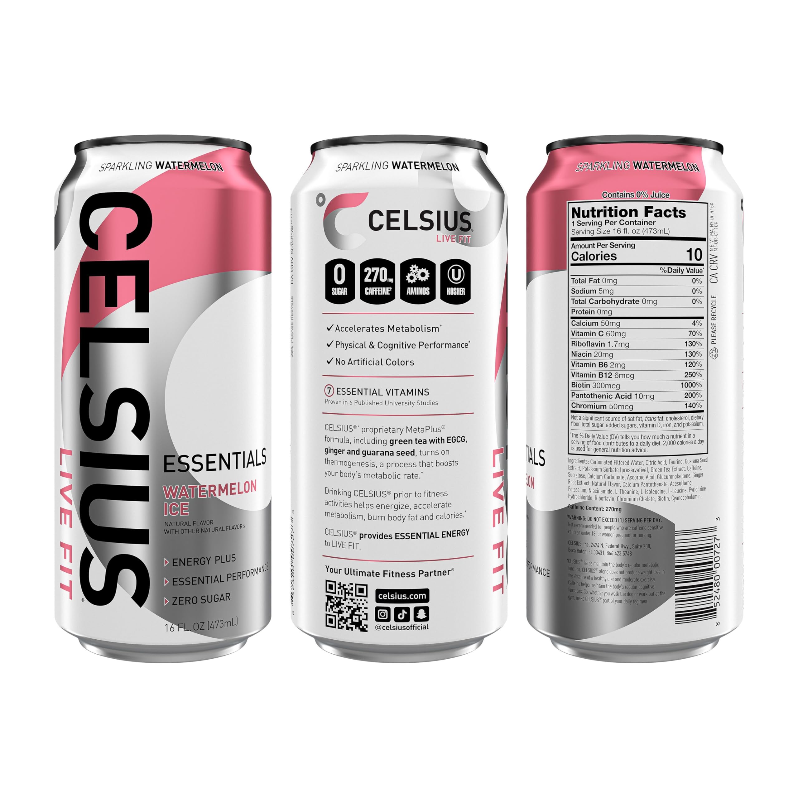 CELSIUS label close-up highlighting MetaPlus® and ingredient callouts for informed choice