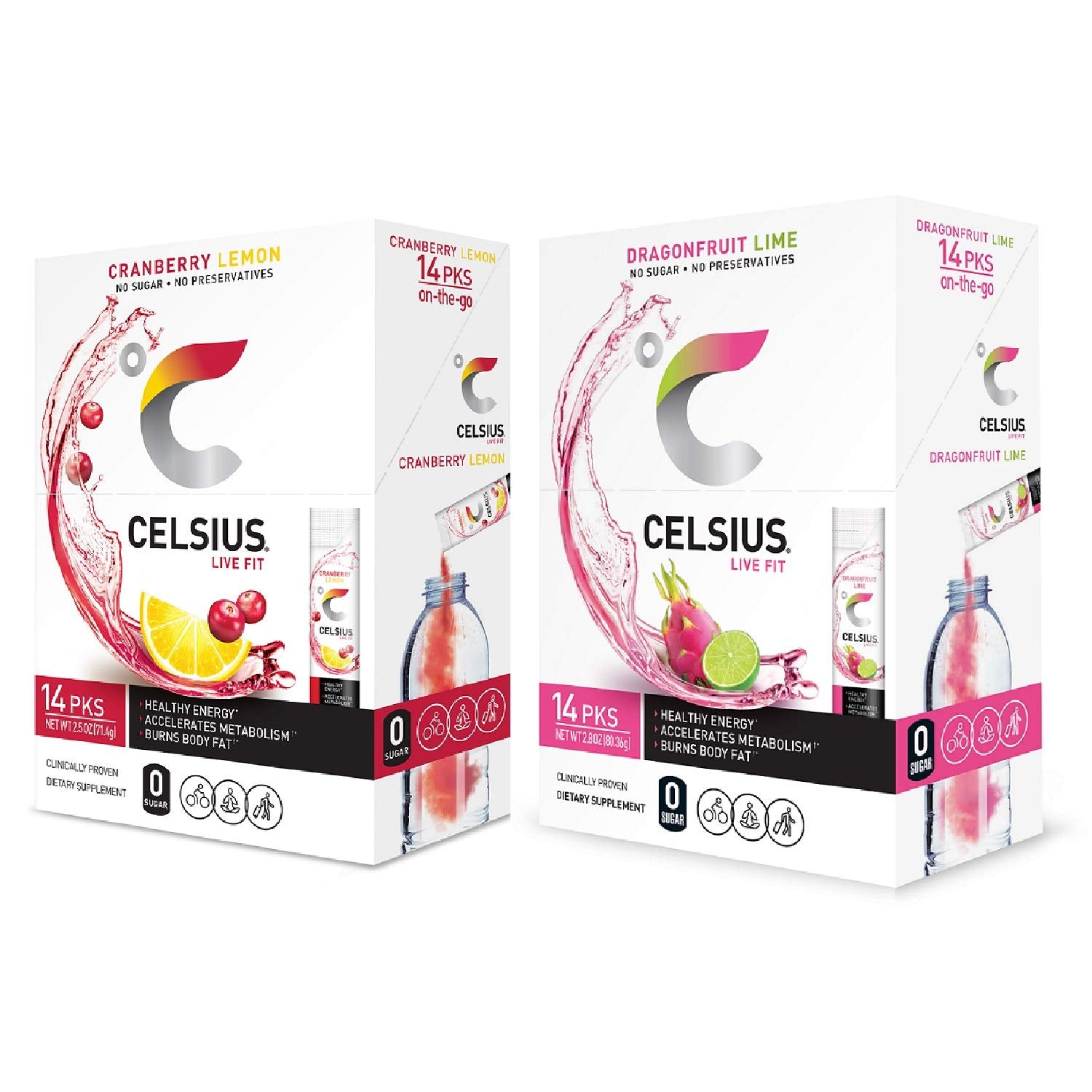 CELSIUS combo pack front view showing Dragonfruit Lime and Cranberry Lemon benefits