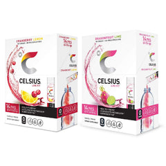 CELSIUS combo pack front view showing Dragonfruit Lime and Cranberry Lemon benefits