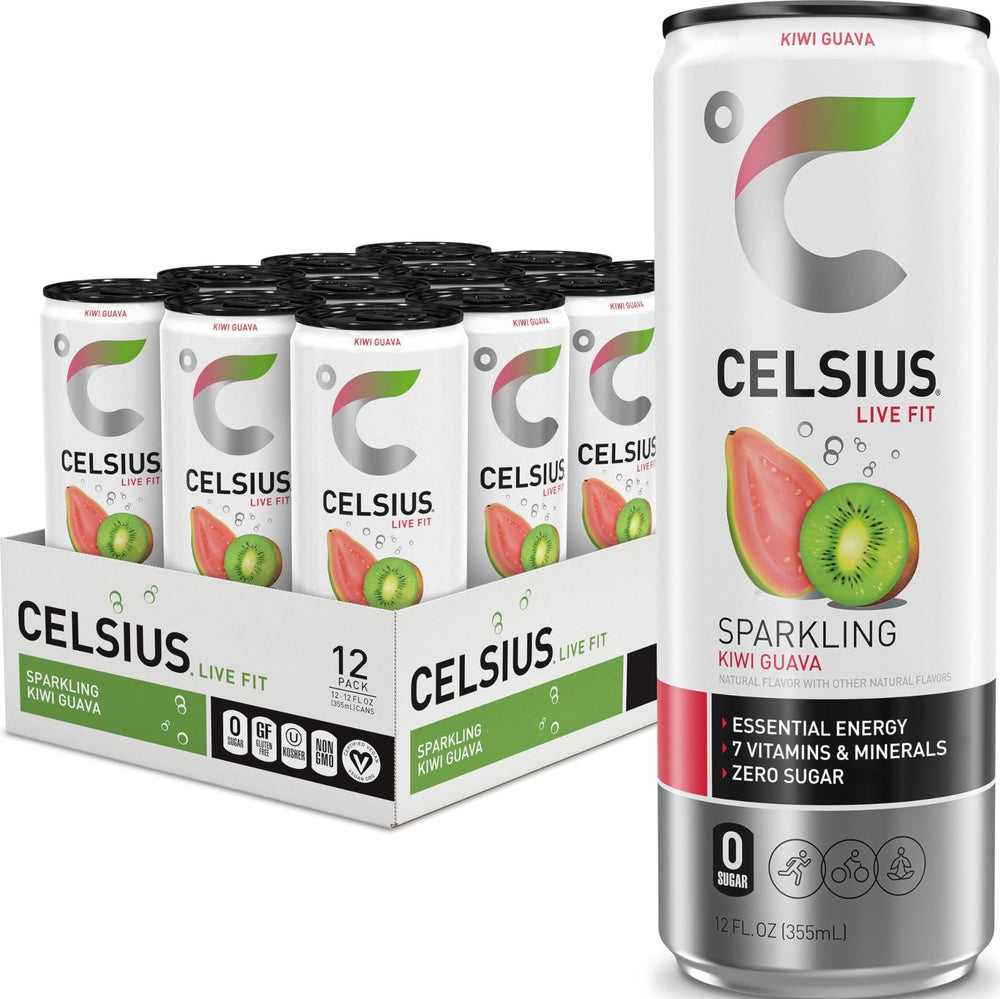 CELSIUS front packaging of kiwi guava 12-pack showing vibrant cans and benefits