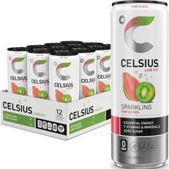 CELSIUS front packaging of kiwi guava 12-pack showing vibrant cans and benefits
