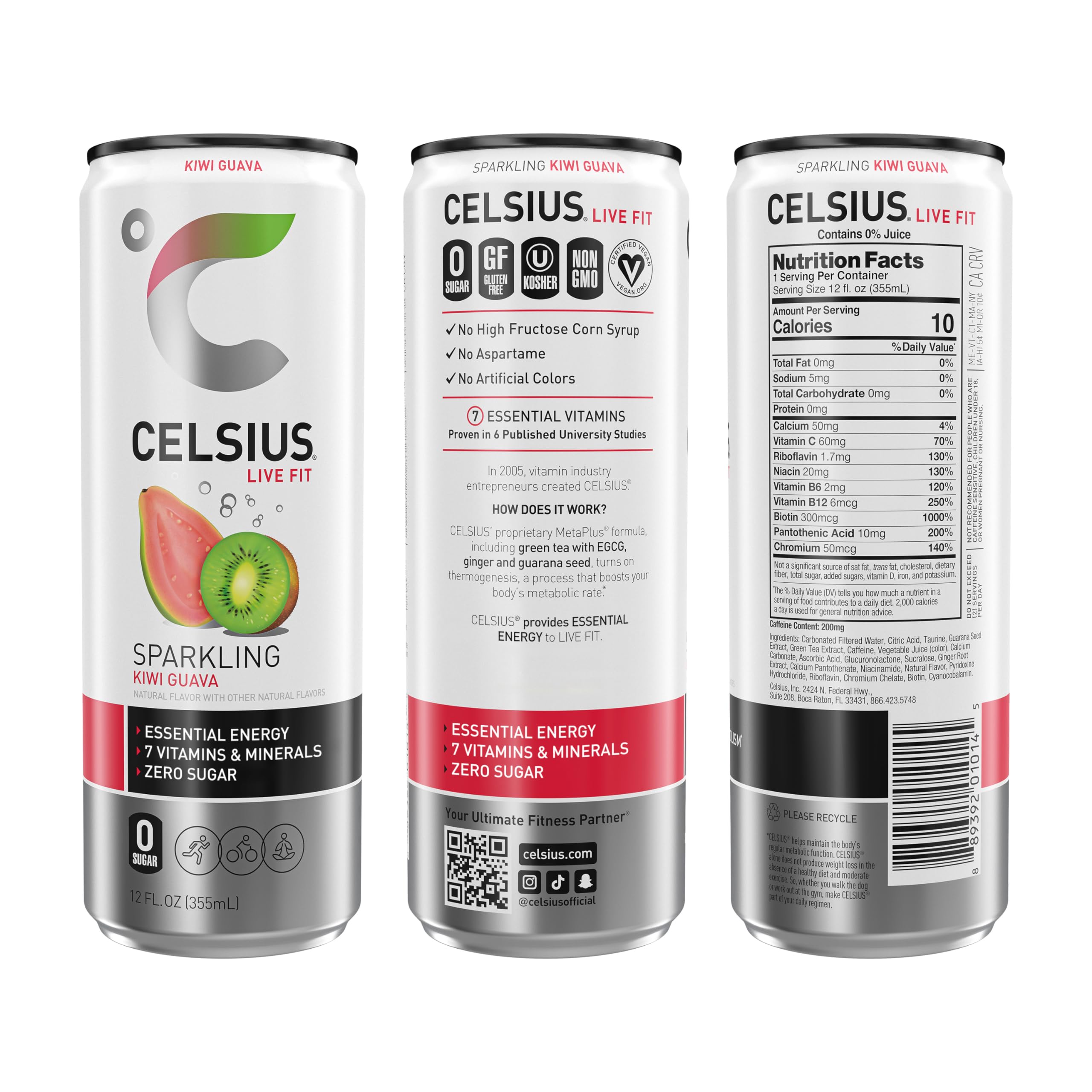CELSIUS slim can side label displaying ingredients and vitamin information clearly