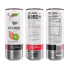 CELSIUS slim can side label displaying ingredients and vitamin information clearly
