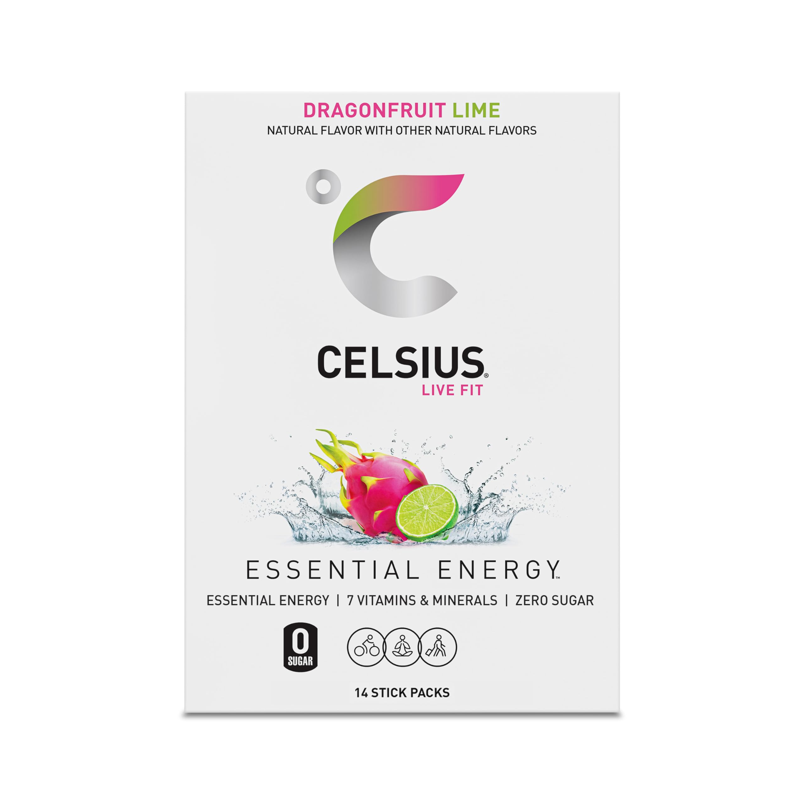 CELSIUS being poured on beach picnic, dragonfruit lime flavor for active days