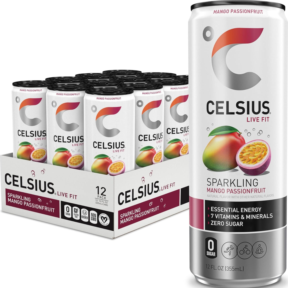 CELSIUS front can showing mango passionfruit branding and energy benefits