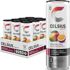 CELSIUS front can showing mango passionfruit branding and energy benefits