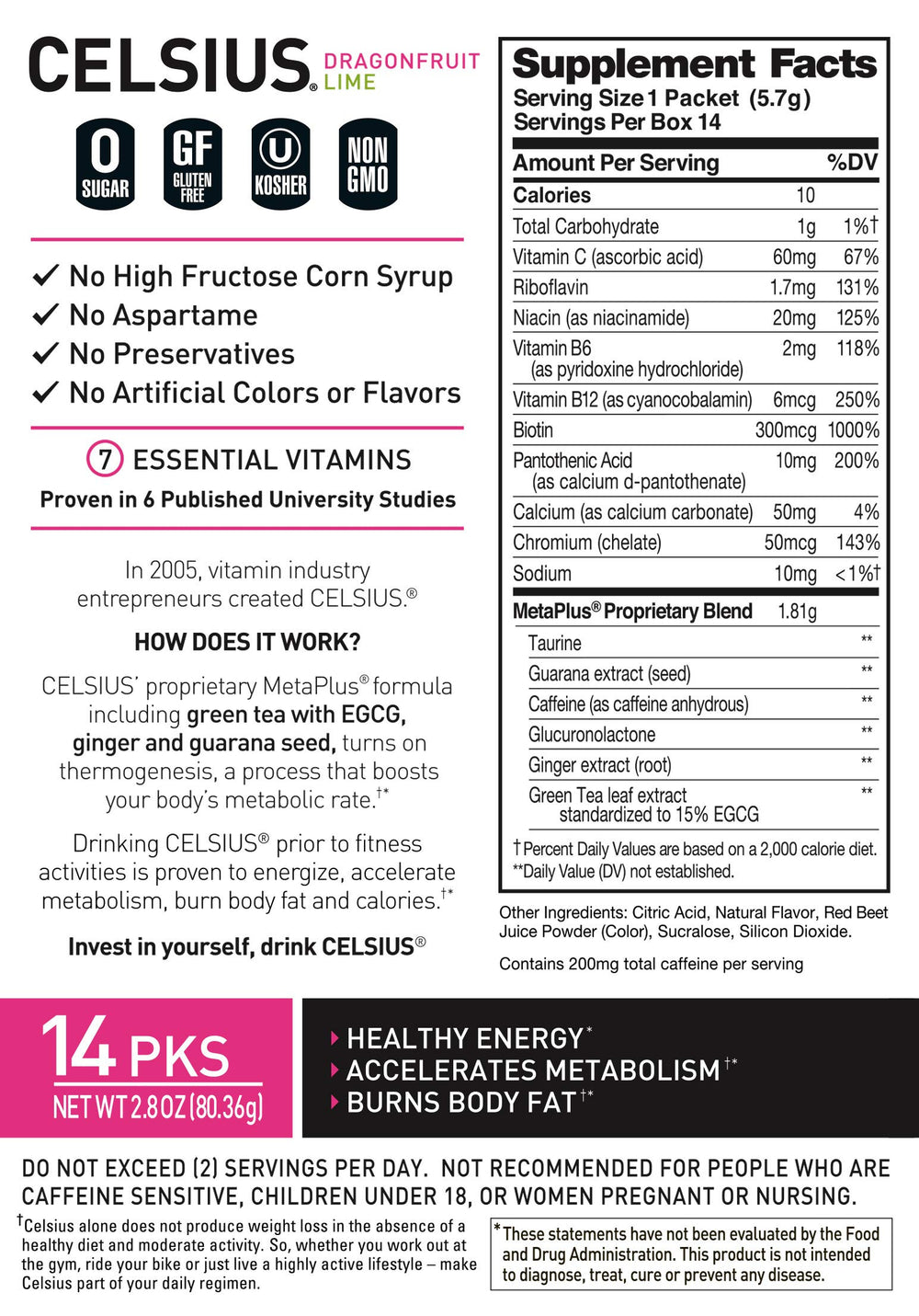 CELSIUS nutrition label closeup showing key vitamins and ingredient transparency