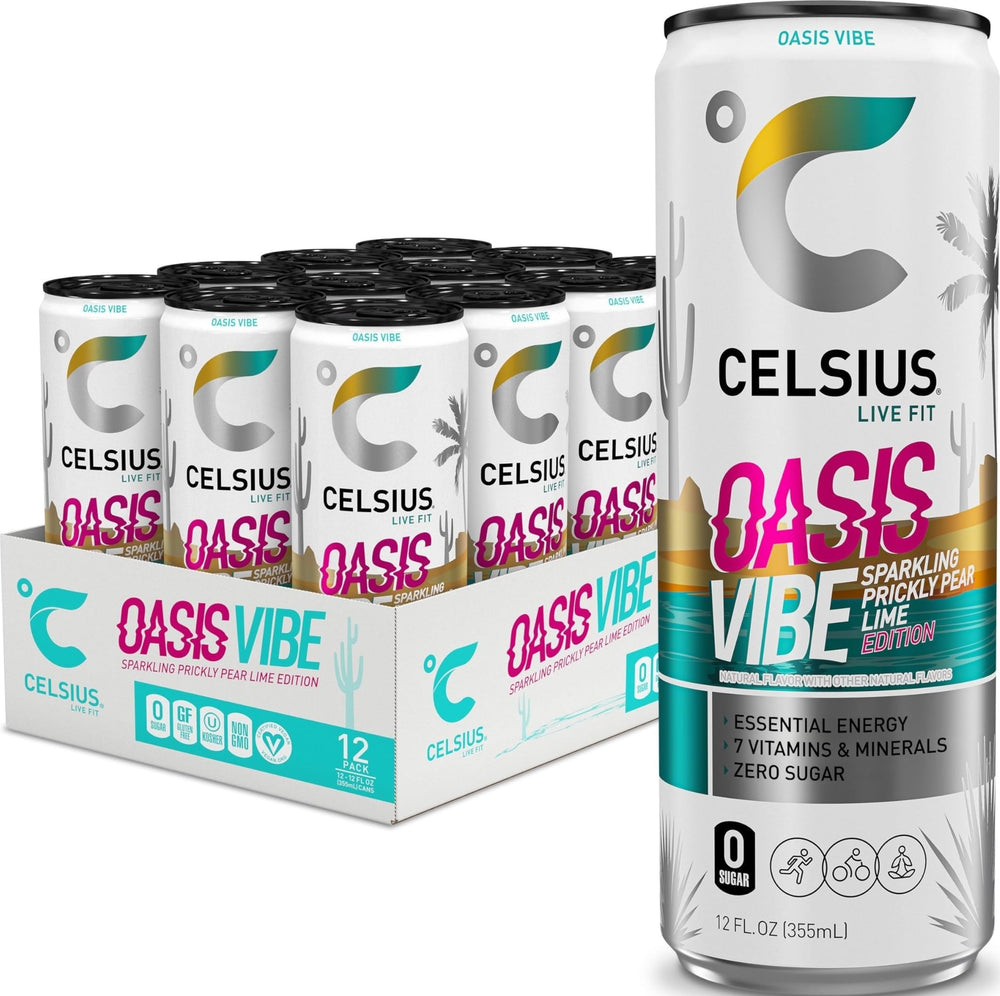 CELSIUS front packaging showing 12-pack of slim cans, convenient energy on hand