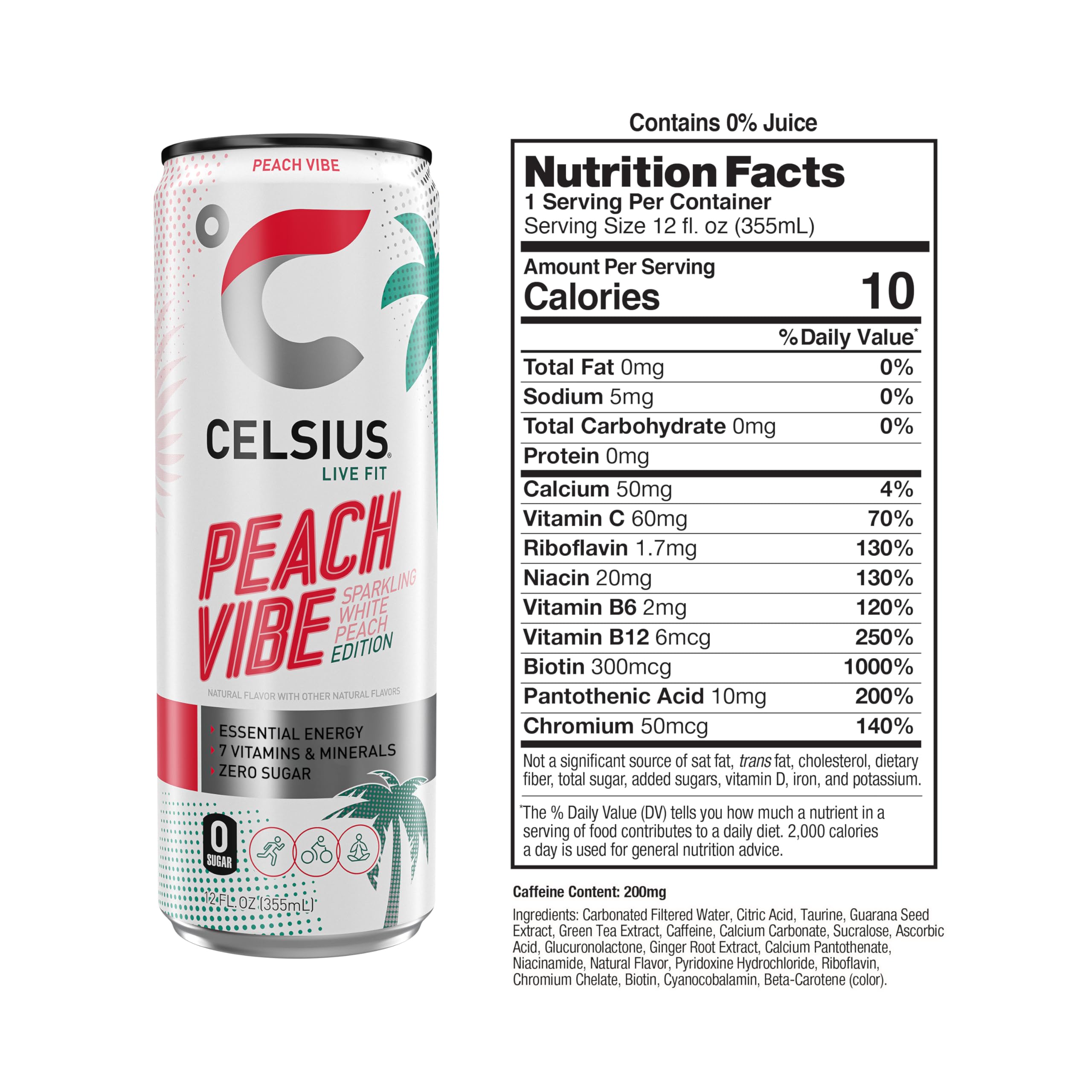 CELSIUS close-up label with ingredients and vitamins, transparent formulation