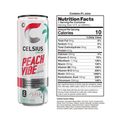 CELSIUS close-up label with ingredients and vitamins, transparent formulation