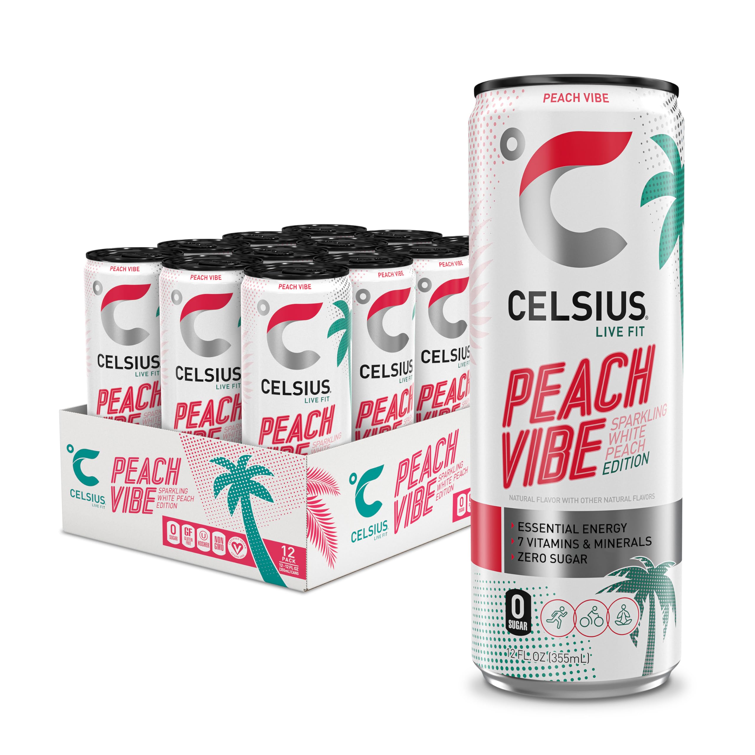 CELSIUS front packaging showing 12-pack and peach can, energizing convenience