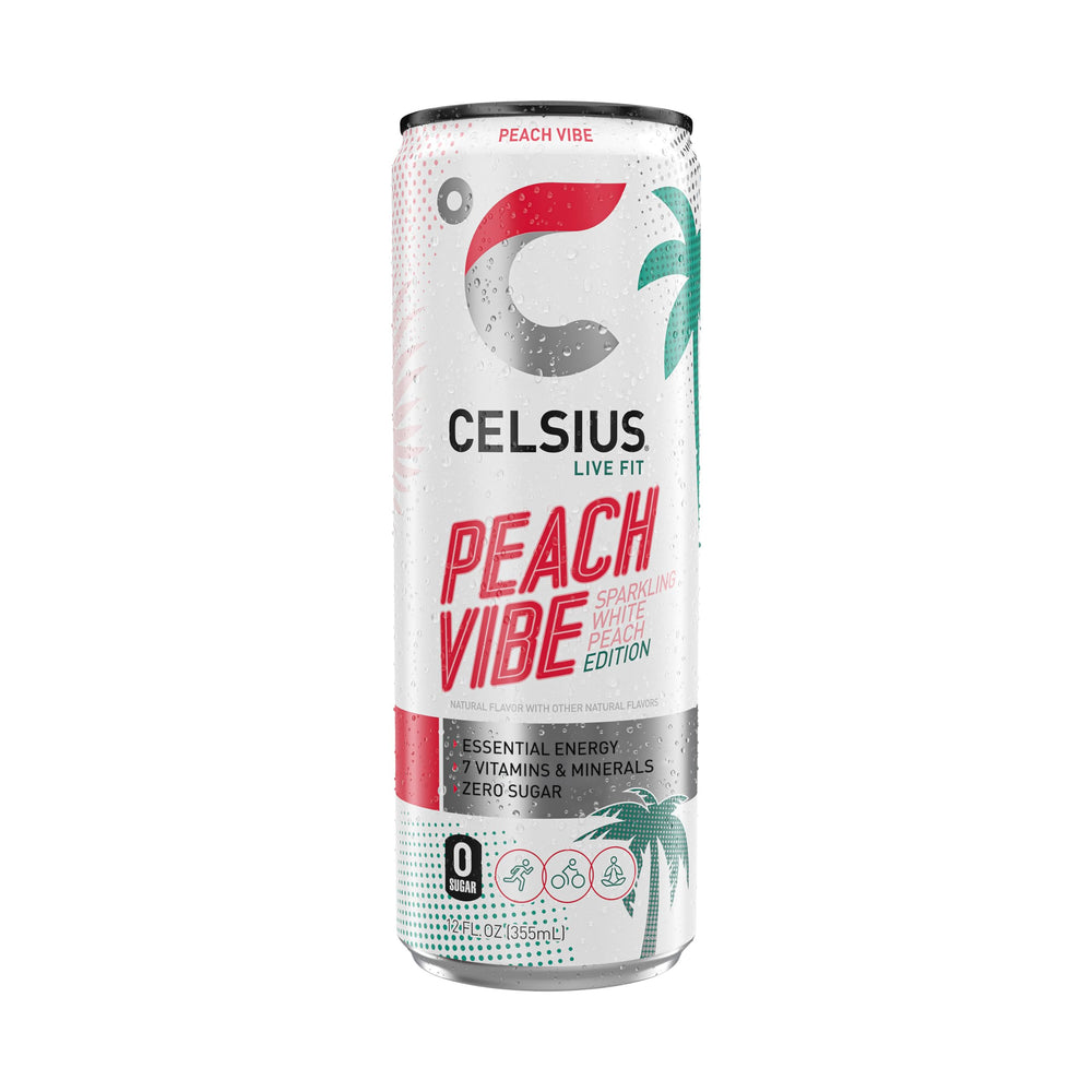 CELSIUS can on a sunny beach towel, Peach Vibe inspires active lifestyle