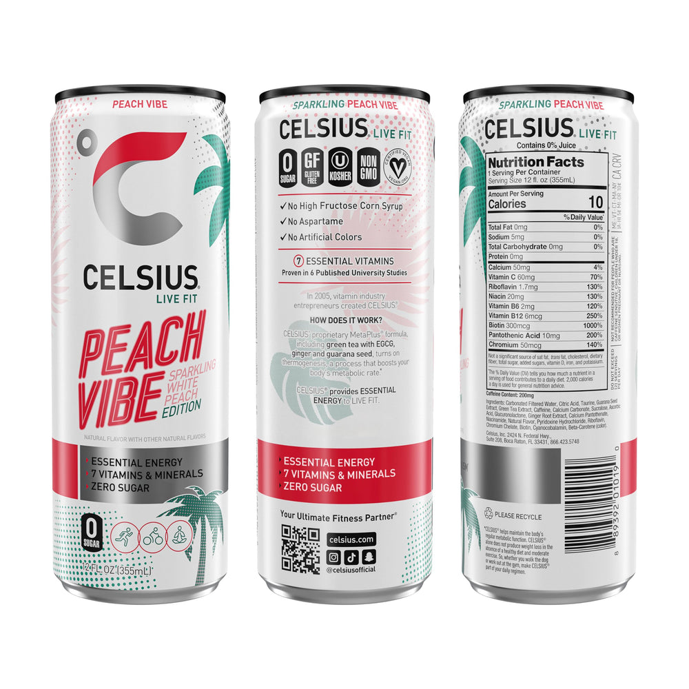 CELSIUS slim can side view displaying brand and caffeine, portable boost
