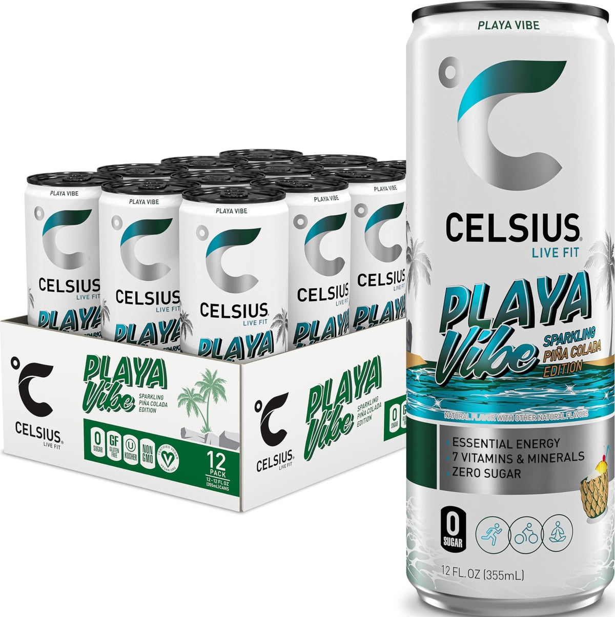 CELSIUS front can showing vibrant Playa Vibe label and bold energy branding benefit
