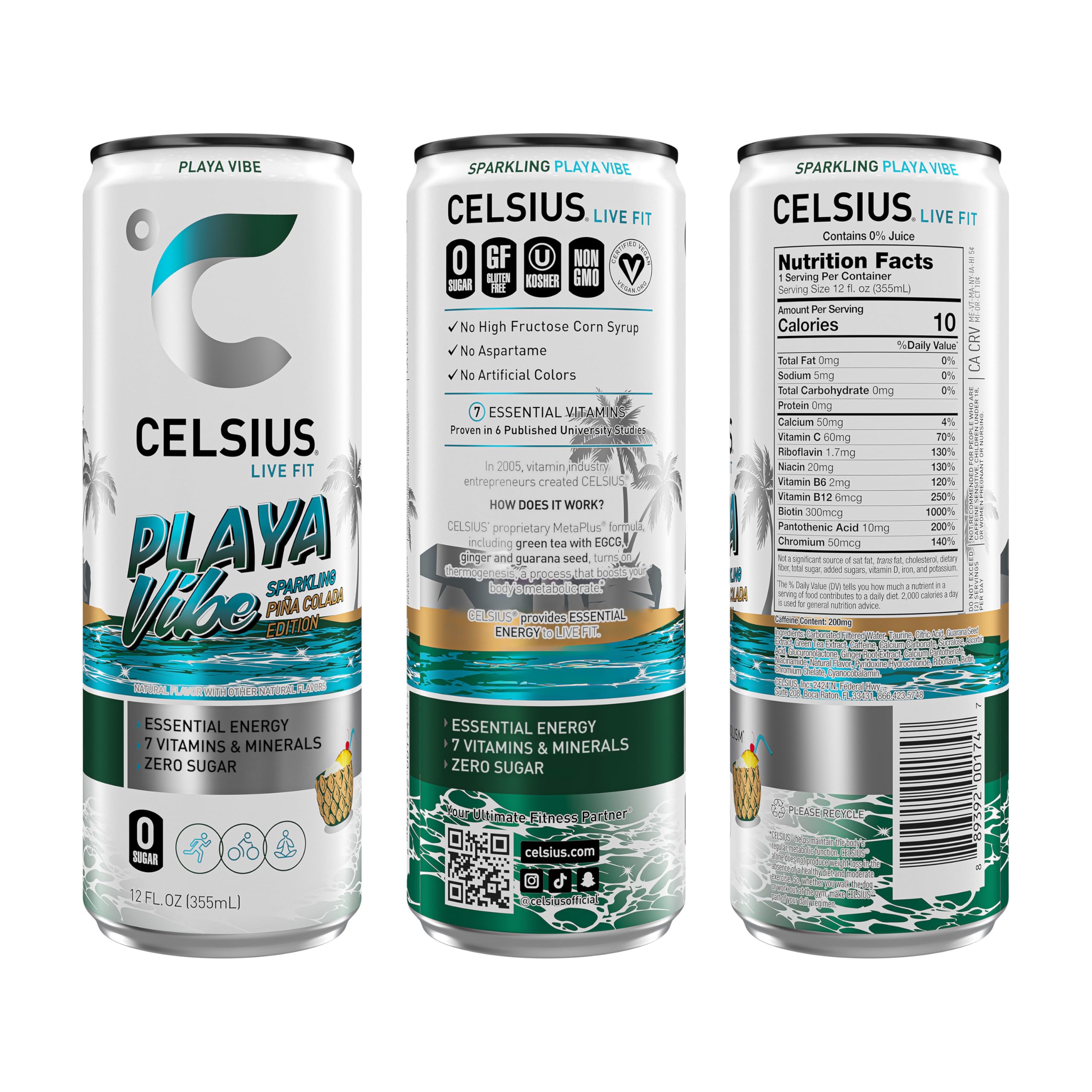 CELSIUS slim can side label highlighting ingredients and vitamins for informed choice